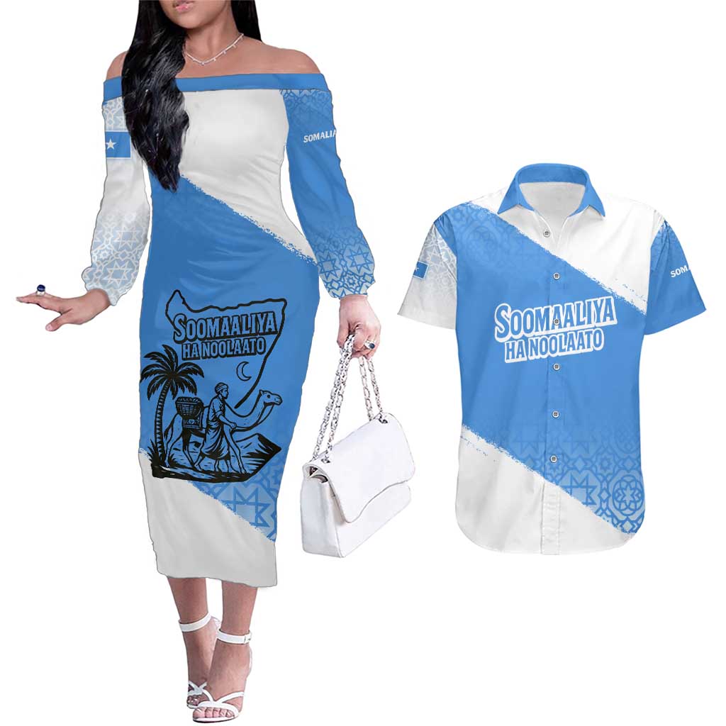 Somalia Couples Matching Off The Shoulder Long Sleeve Dress and Hawaiian Shirt with Soomaaliya Ha Noolaato Nomad Moon Flag Spirit
