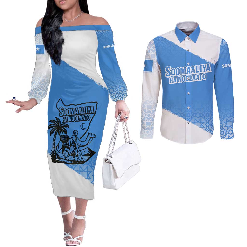 Somalia Couples Matching Off The Shoulder Long Sleeve Dress and Long Sleeve Button Shirt with Soomaaliya Ha Noolaato Nomad Moon Flag Spirit