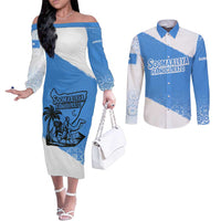 Somalia Couples Matching Off The Shoulder Long Sleeve Dress and Long Sleeve Button Shirt with Soomaaliya Ha Noolaato Nomad Moon Flag Spirit