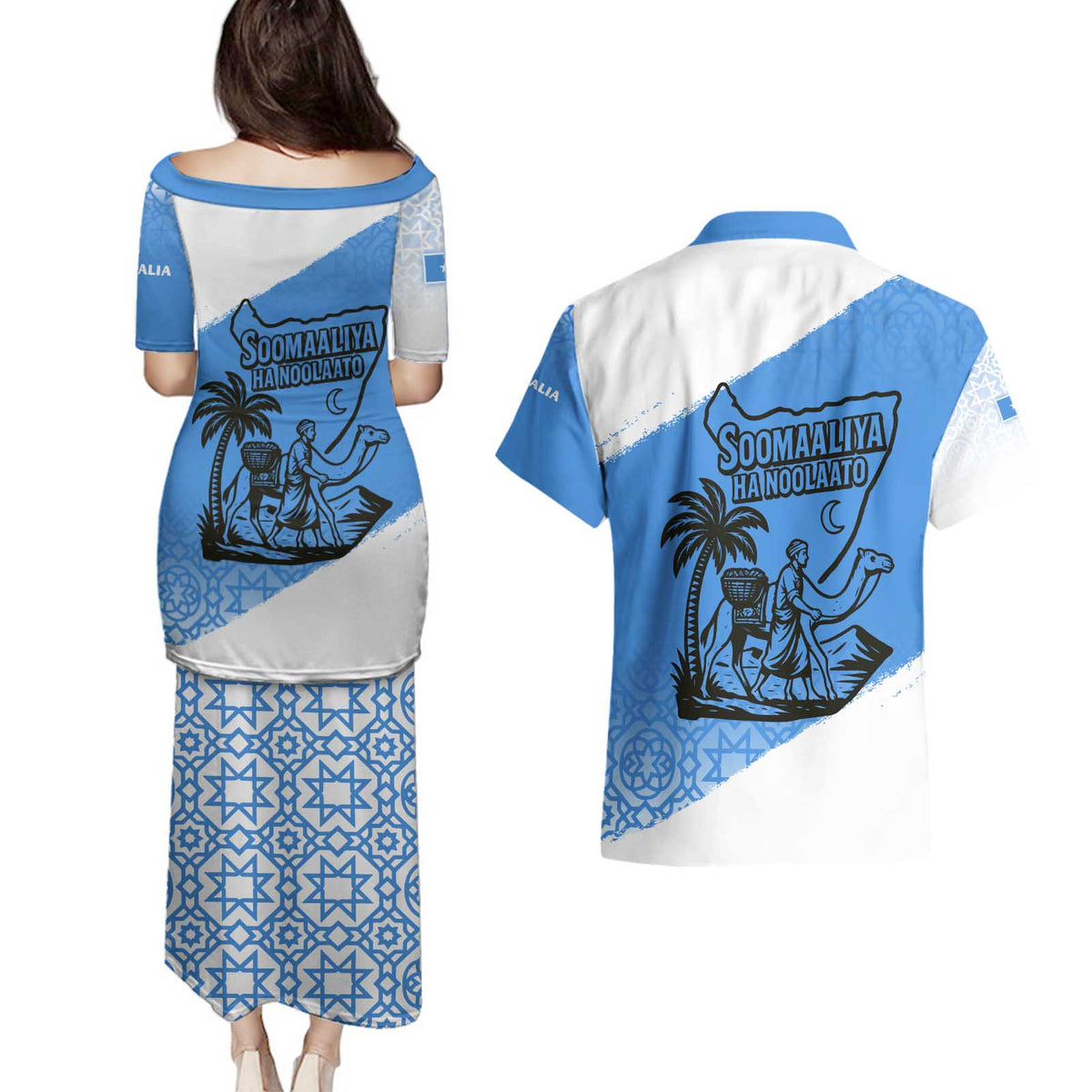 Somalia Couples Matching Puletasi and Hawaiian Shirt with Soomaaliya Ha Noolaato Nomad Moon Flag Spirit
