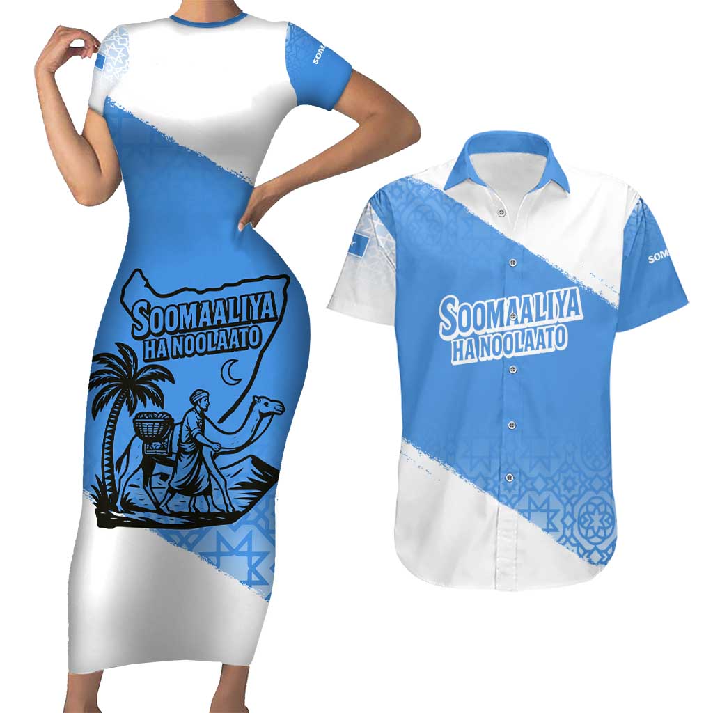 Somalia Couples Matching Short Sleeve Bodycon Dress and Hawaiian Shirt with Soomaaliya Ha Noolaato Nomad Moon Flag Spirit