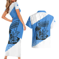 Somalia Couples Matching Short Sleeve Bodycon Dress and Hawaiian Shirt with Soomaaliya Ha Noolaato Nomad Moon Flag Spirit