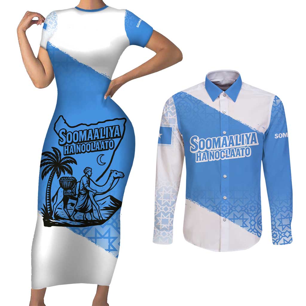 Somalia Couples Matching Short Sleeve Bodycon Dress and Long Sleeve Button Shirt with Soomaaliya Ha Noolaato Nomad Moon Flag Spirit
