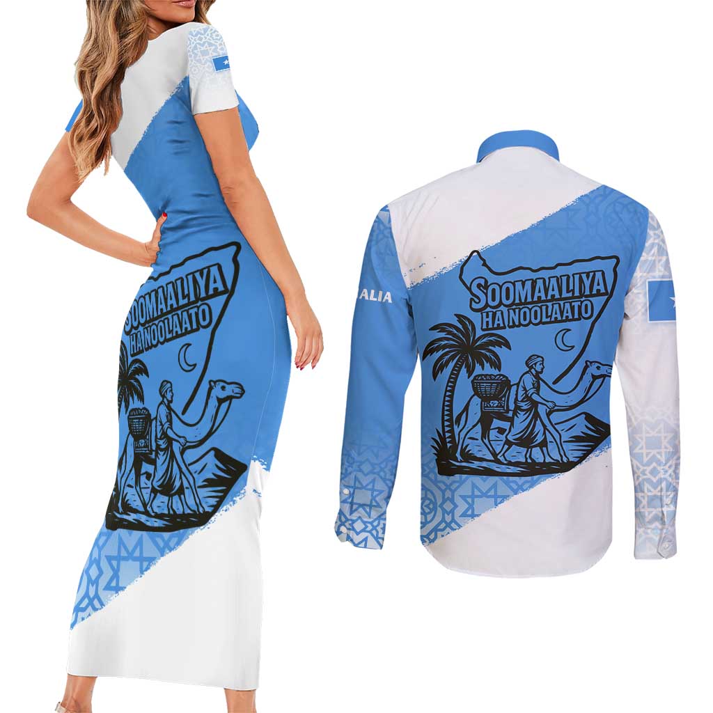 Somalia Couples Matching Short Sleeve Bodycon Dress and Long Sleeve Button Shirt with Soomaaliya Ha Noolaato Nomad Moon Flag Spirit