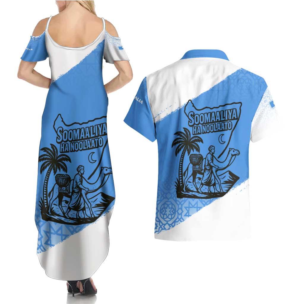 Somalia Couples Matching Summer Maxi Dress and Hawaiian Shirt with Soomaaliya Ha Noolaato Nomad Moon Flag Spirit