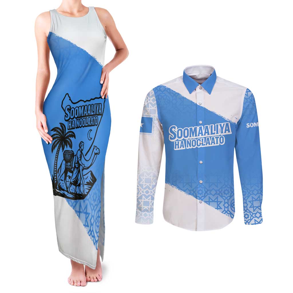 Somalia Couples Matching Tank Maxi Dress and Long Sleeve Button Shirt with Soomaaliya Ha Noolaato Nomad Moon Flag Spirit