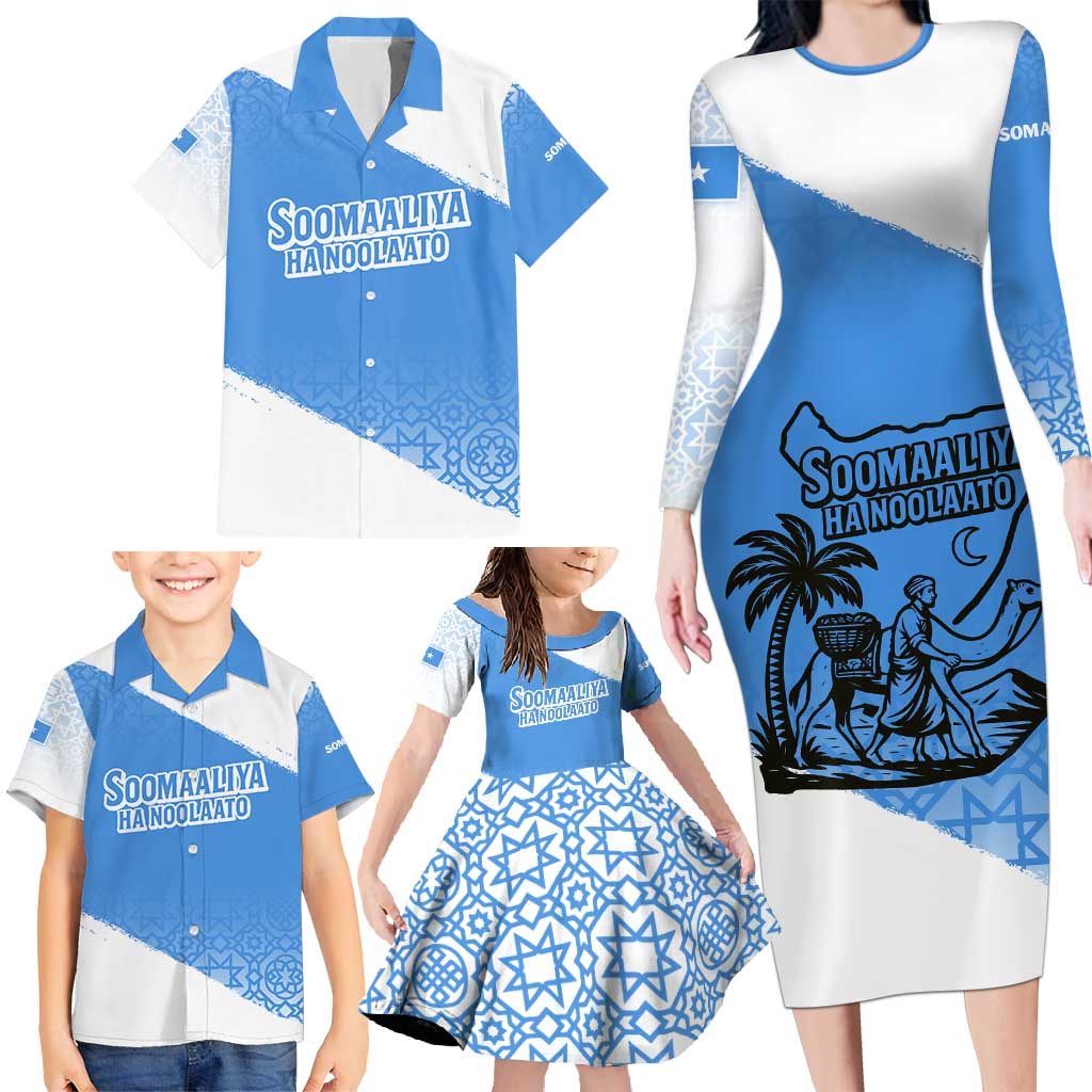 Somalia Family Matching Long Sleeve Bodycon Dress and Hawaiian Shirt with Soomaaliya Ha Noolaato Nomad Moon Flag Spirit
