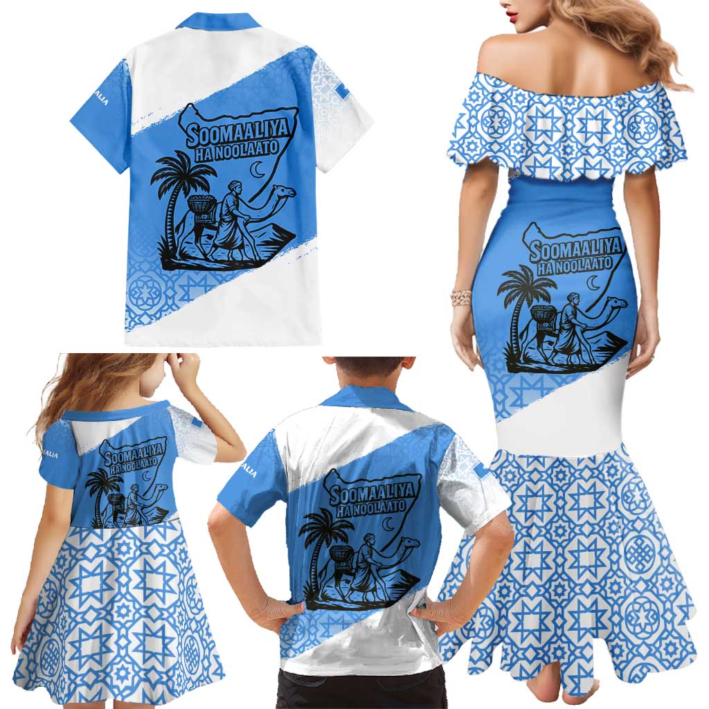 Somalia Family Matching Mermaid Dress and Hawaiian Shirt with Soomaaliya Ha Noolaato Nomad Moon Flag Spirit