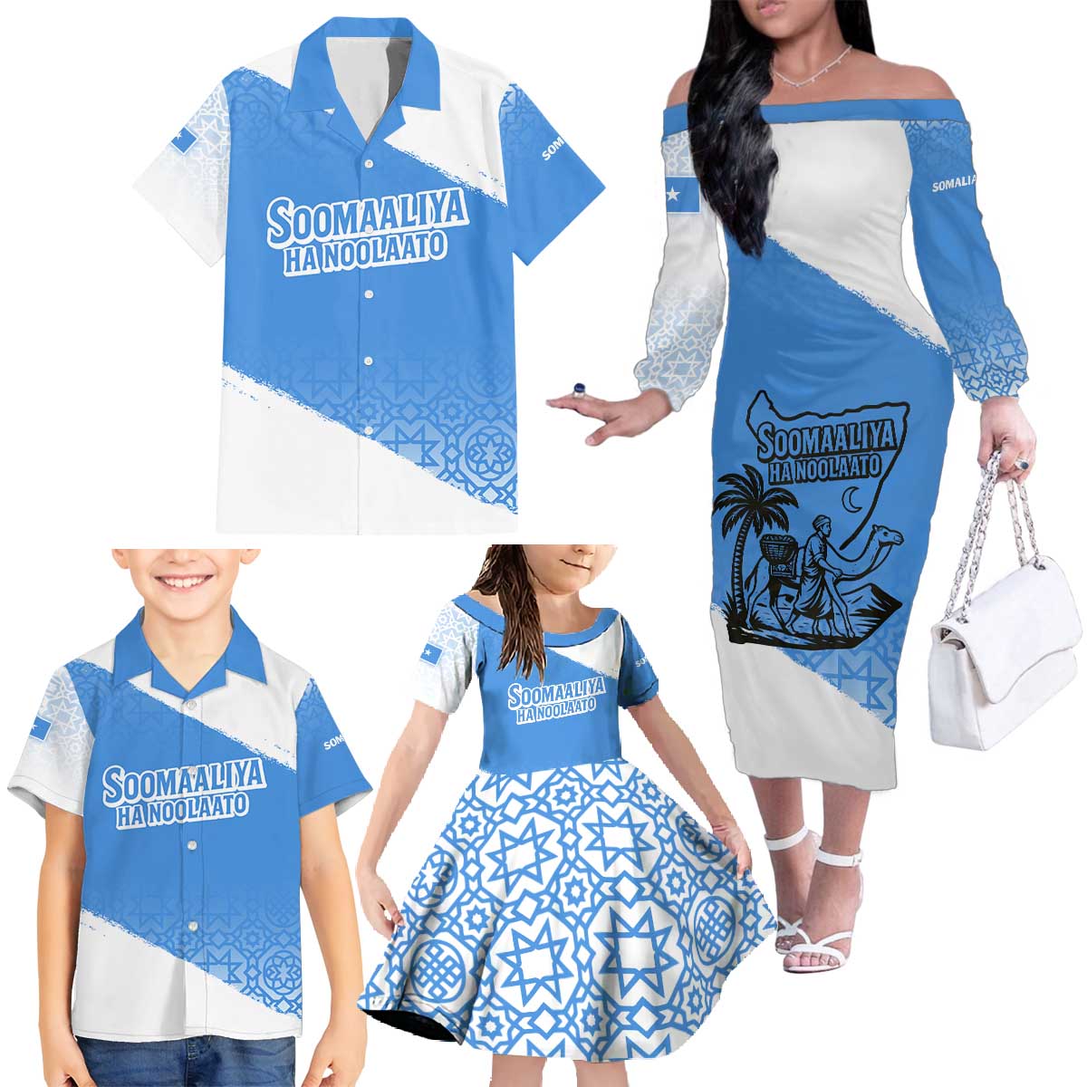 Somalia Family Matching Off The Shoulder Long Sleeve Dress and Hawaiian Shirt with Soomaaliya Ha Noolaato Nomad Moon Flag Spirit