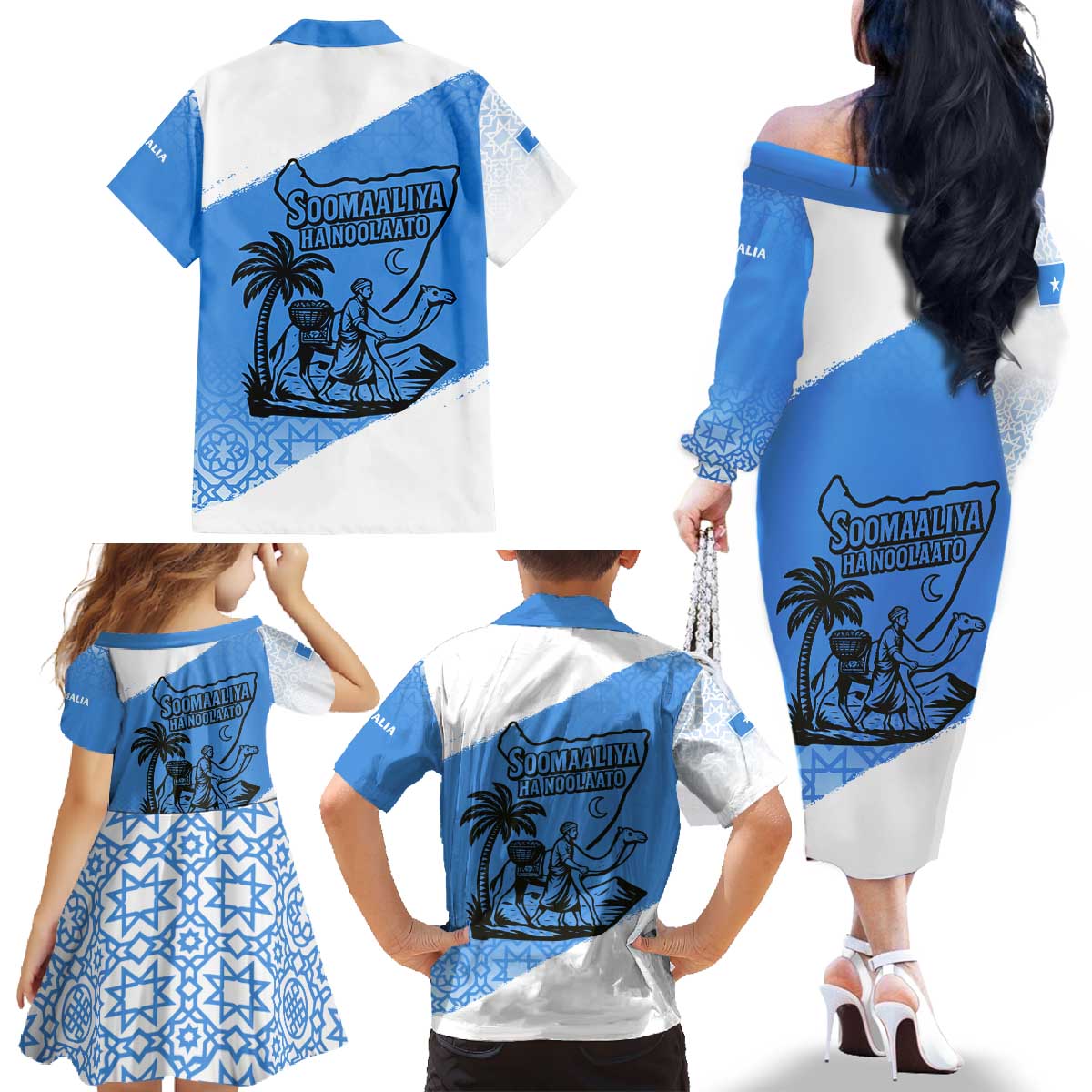 Somalia Family Matching Off The Shoulder Long Sleeve Dress and Hawaiian Shirt with Soomaaliya Ha Noolaato Nomad Moon Flag Spirit