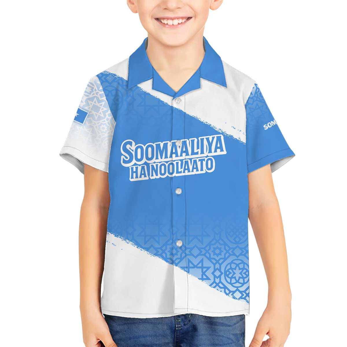 Somalia Family Matching Off The Shoulder Long Sleeve Dress and Hawaiian Shirt with Soomaaliya Ha Noolaato Nomad Moon Flag Spirit