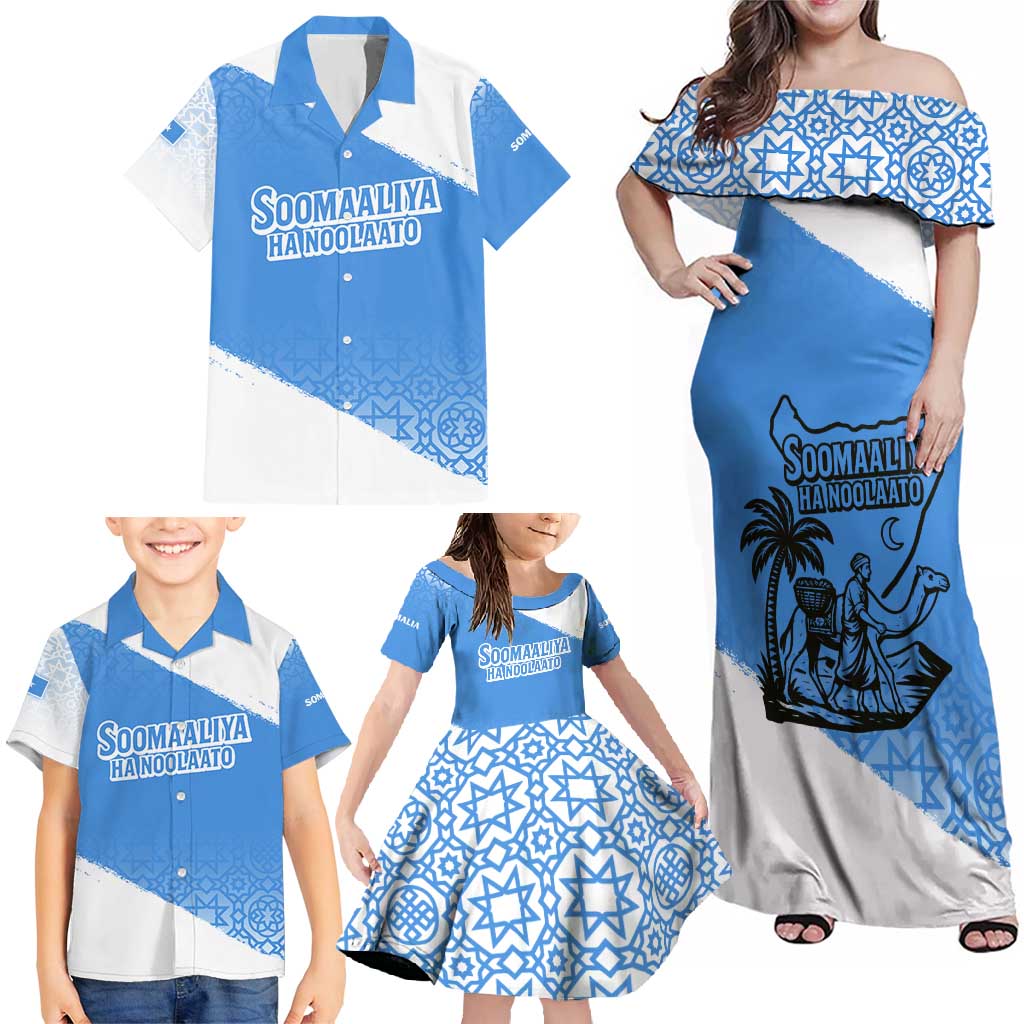 Somalia Family Matching Off Shoulder Maxi Dress and Hawaiian Shirt with Soomaaliya Ha Noolaato Nomad Moon Flag Spirit
