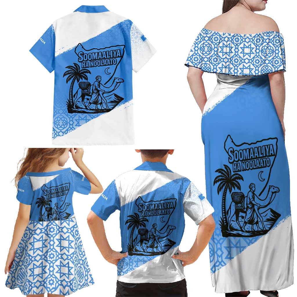 Somalia Family Matching Off Shoulder Maxi Dress and Hawaiian Shirt with Soomaaliya Ha Noolaato Nomad Moon Flag Spirit
