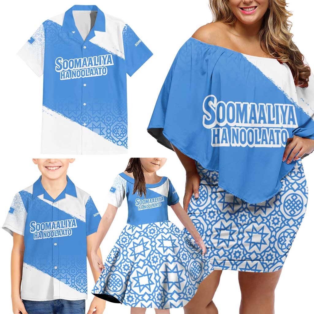 Somalia Family Matching Off Shoulder Short Dress and Hawaiian Shirt with Soomaaliya Ha Noolaato Nomad Moon Flag Spirit