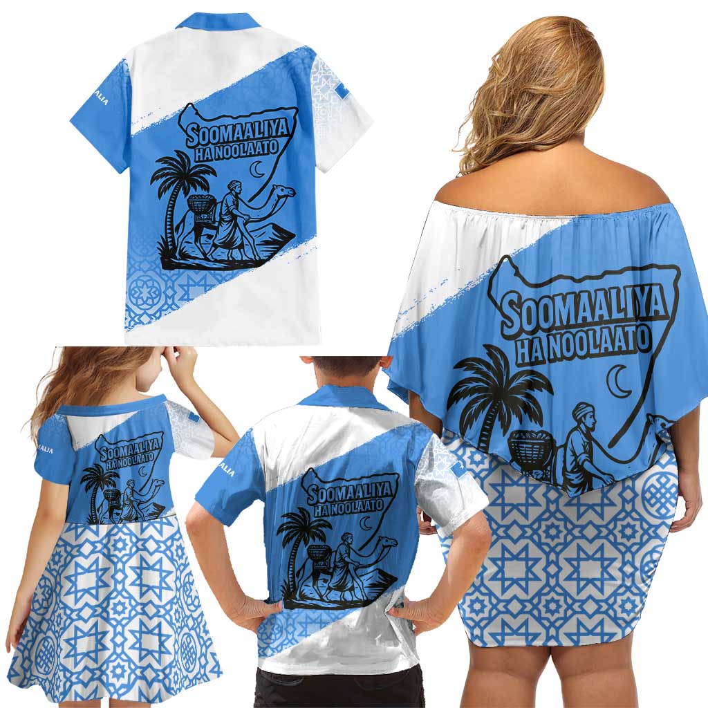 Somalia Family Matching Off Shoulder Short Dress and Hawaiian Shirt with Soomaaliya Ha Noolaato Nomad Moon Flag Spirit