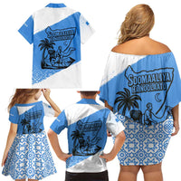 Somalia Family Matching Off Shoulder Short Dress and Hawaiian Shirt with Soomaaliya Ha Noolaato Nomad Moon Flag Spirit