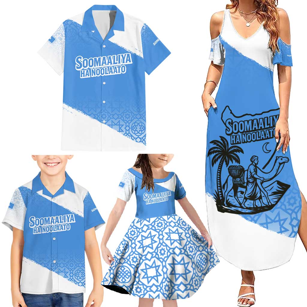 Somalia Family Matching Summer Maxi Dress and Hawaiian Shirt with Soomaaliya Ha Noolaato Nomad Moon Flag Spirit