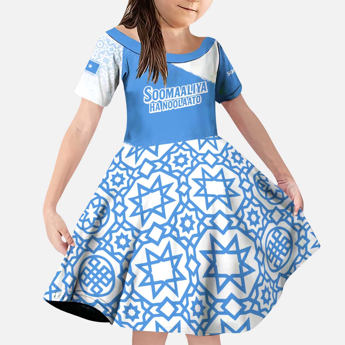 Somalia Kid Short Sleeve Dress with Soomaaliya Ha Noolaato Nomad Moon Flag Spirit