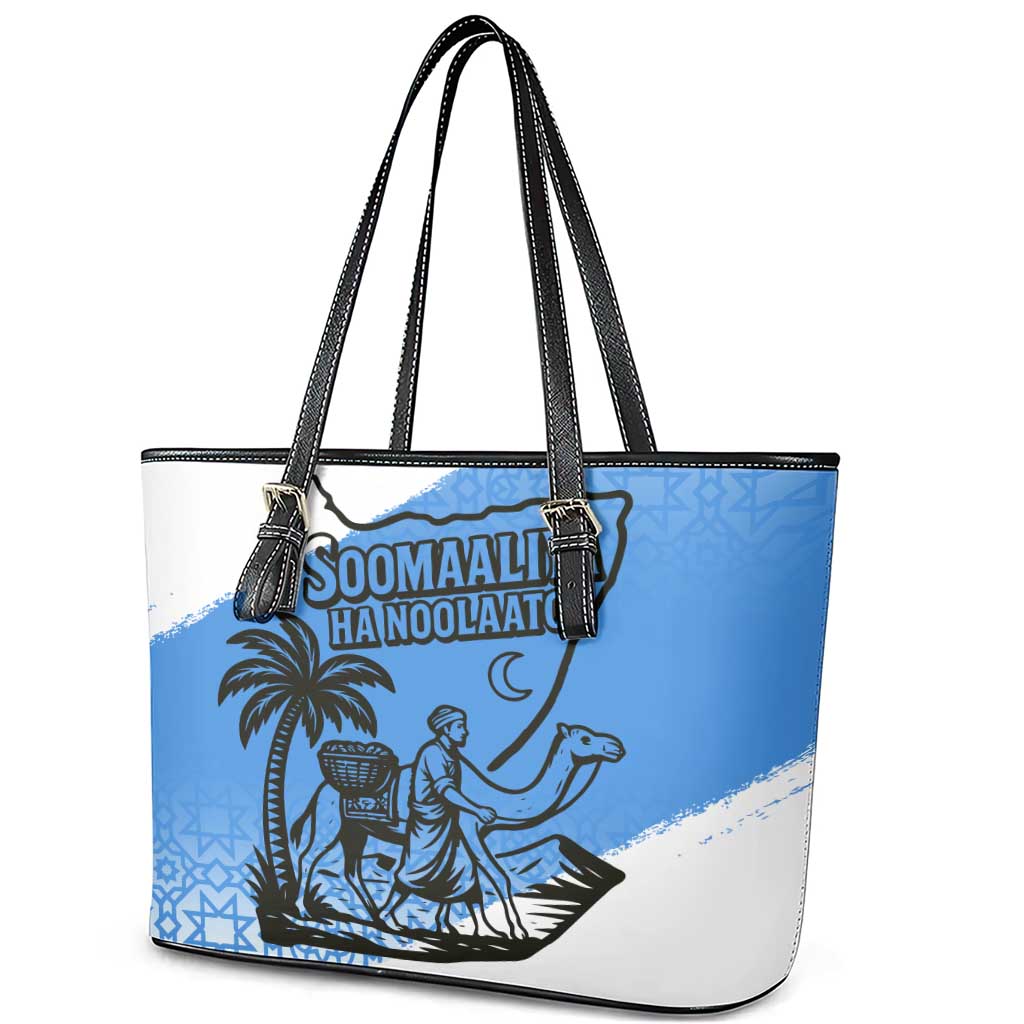 Somalia Leather Tote Bag with Soomaaliya Ha Noolaato Nomad Moon Flag Spirit