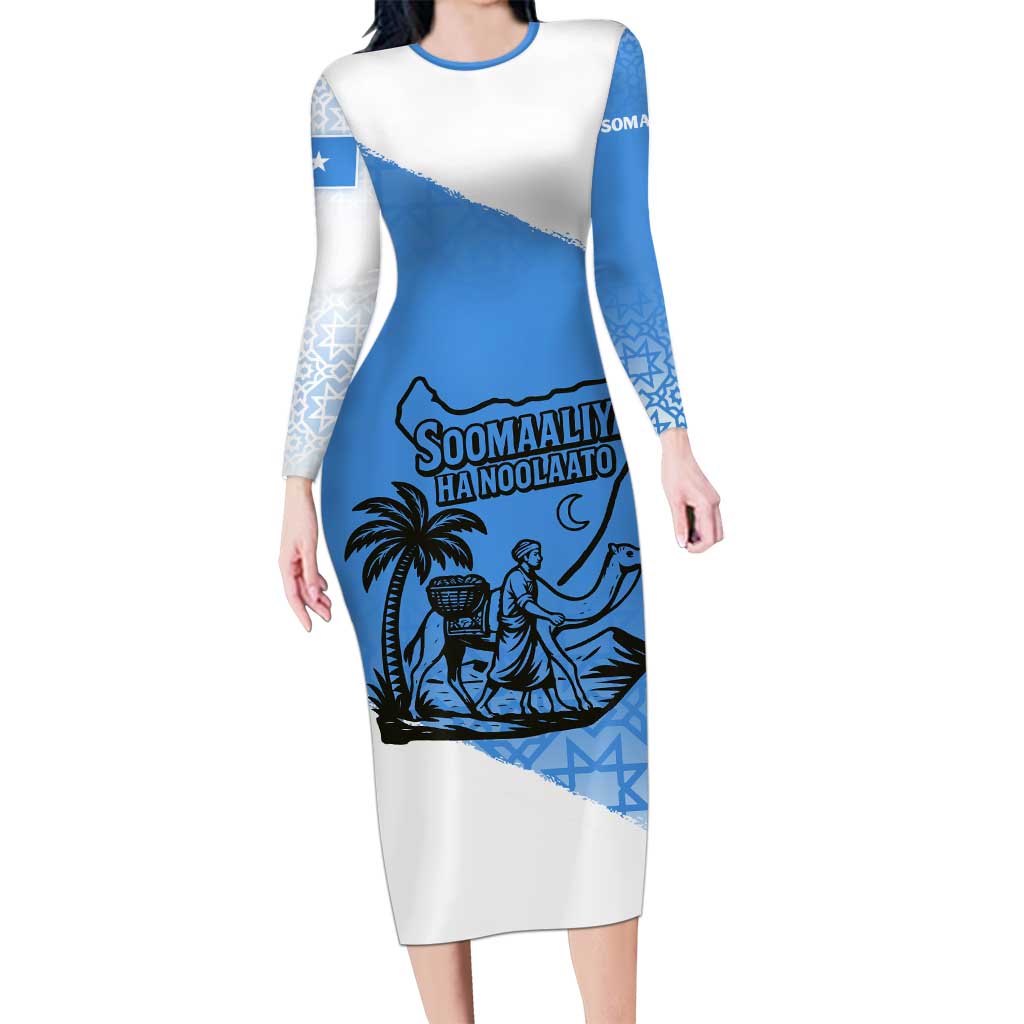 Somalia Long Sleeve Bodycon Dress with Soomaaliya Ha Noolaato Nomad Moon Flag Spirit
