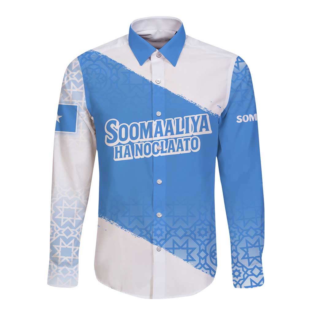 Somalia Long Sleeve Button Shirt with Soomaaliya Ha Noolaato Nomad Moon Flag Spirit