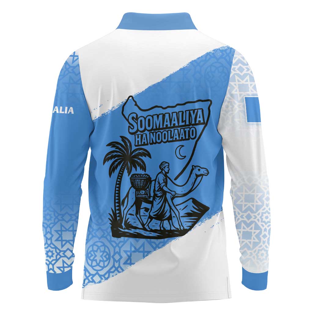 Somalia Long Sleeve Polo Shirt with Soomaaliya Ha Noolaato Nomad Moon Flag Spirit