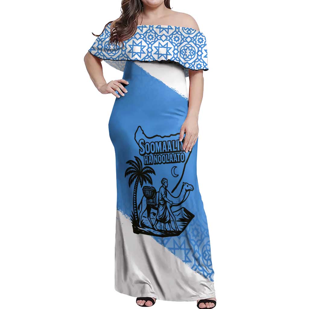 Somalia Off Shoulder Maxi Dress with Soomaaliya Ha Noolaato Nomad Moon Flag Spirit