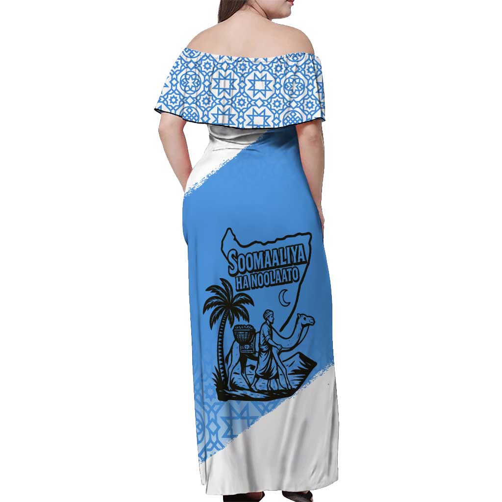 Somalia Off Shoulder Maxi Dress with Soomaaliya Ha Noolaato Nomad Moon Flag Spirit