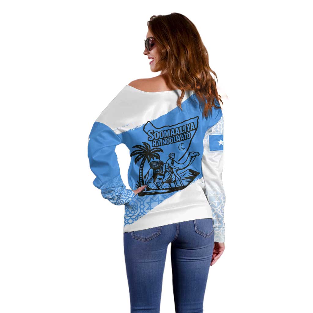 Somalia Off Shoulder Sweater with Soomaaliya Ha Noolaato Nomad Moon Flag Spirit