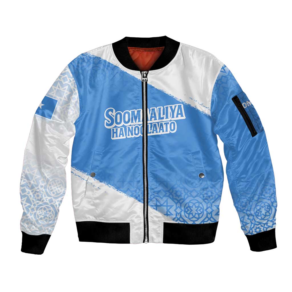 Somalia Sleeve Zip Bomber Jacket with Soomaaliya Ha Noolaato Nomad Moon Flag Spirit