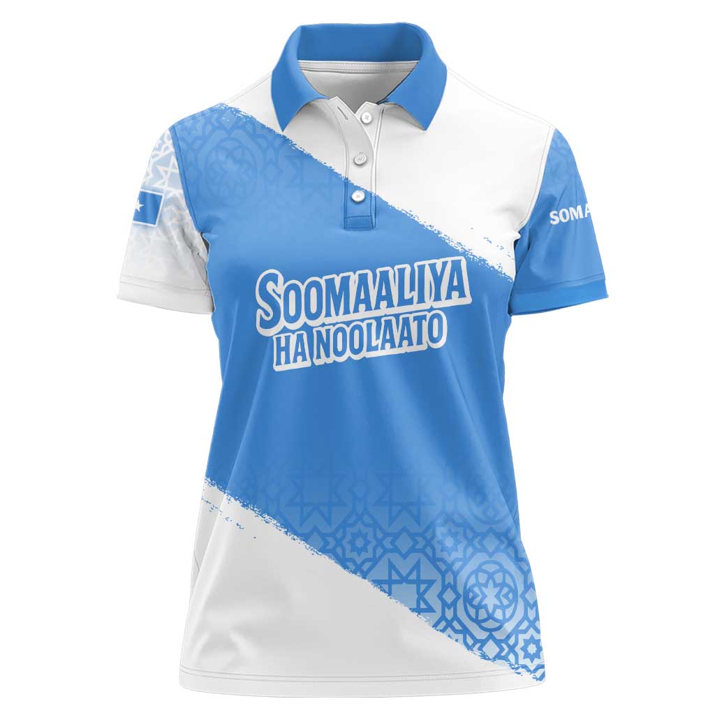 Somalia Women Polo Shirt with Soomaaliya Ha Noolaato Nomad Moon Flag Spirit