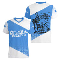 Somalia Women V-Neck T-Shirt with Soomaaliya Ha Noolaato Nomad Moon Flag Spirit