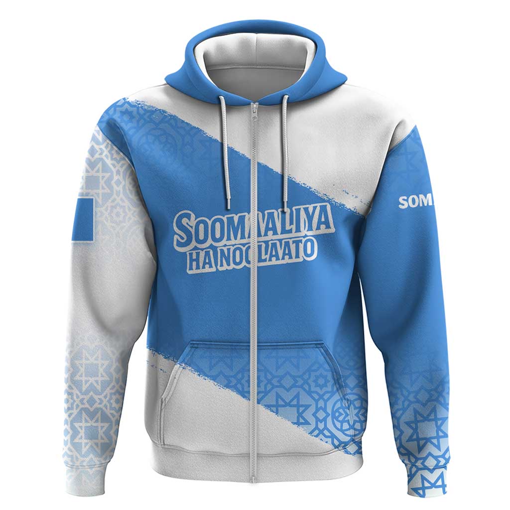 Somalia Zip Hoodie with Soomaaliya Ha Noolaato Nomad Moon Flag Spirit
