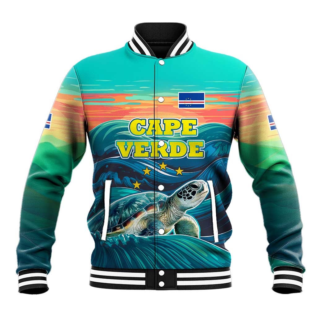 Cape Verde Baseball Jacket with Loggerhead Sea Turtle Ocean Sunset Spirit