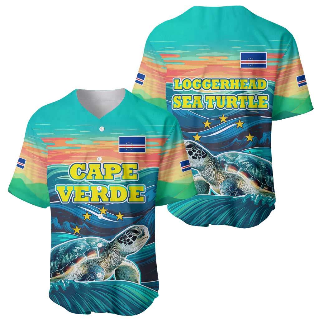 Cape Verde Baseball Jersey with Loggerhead Sea Turtle Ocean Sunset Spirit