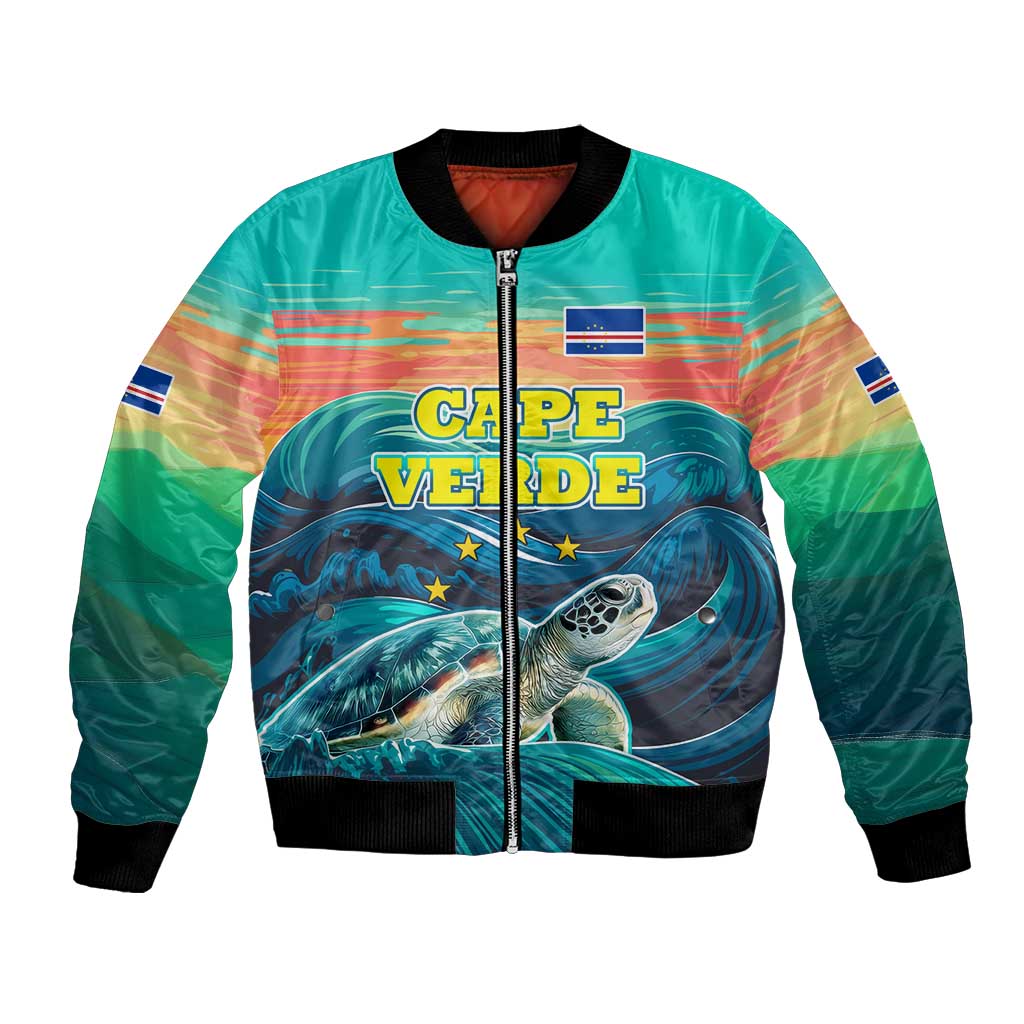 Cape Verde Bomber Jacket with Loggerhead Sea Turtle Ocean Sunset Spirit