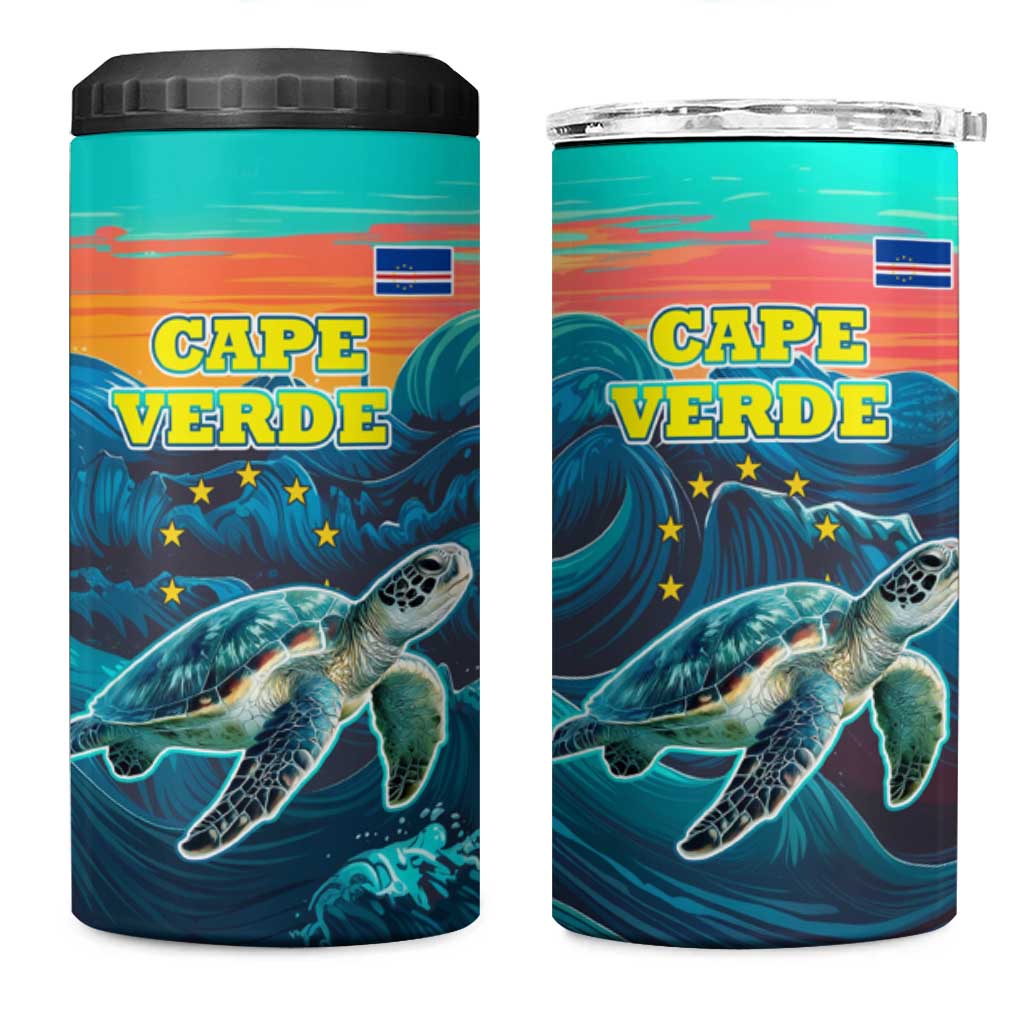 Cape Verde 4 in 1 Can Cooler Tumbler with Loggerhead Sea Turtle Ocean Sunset Spirit