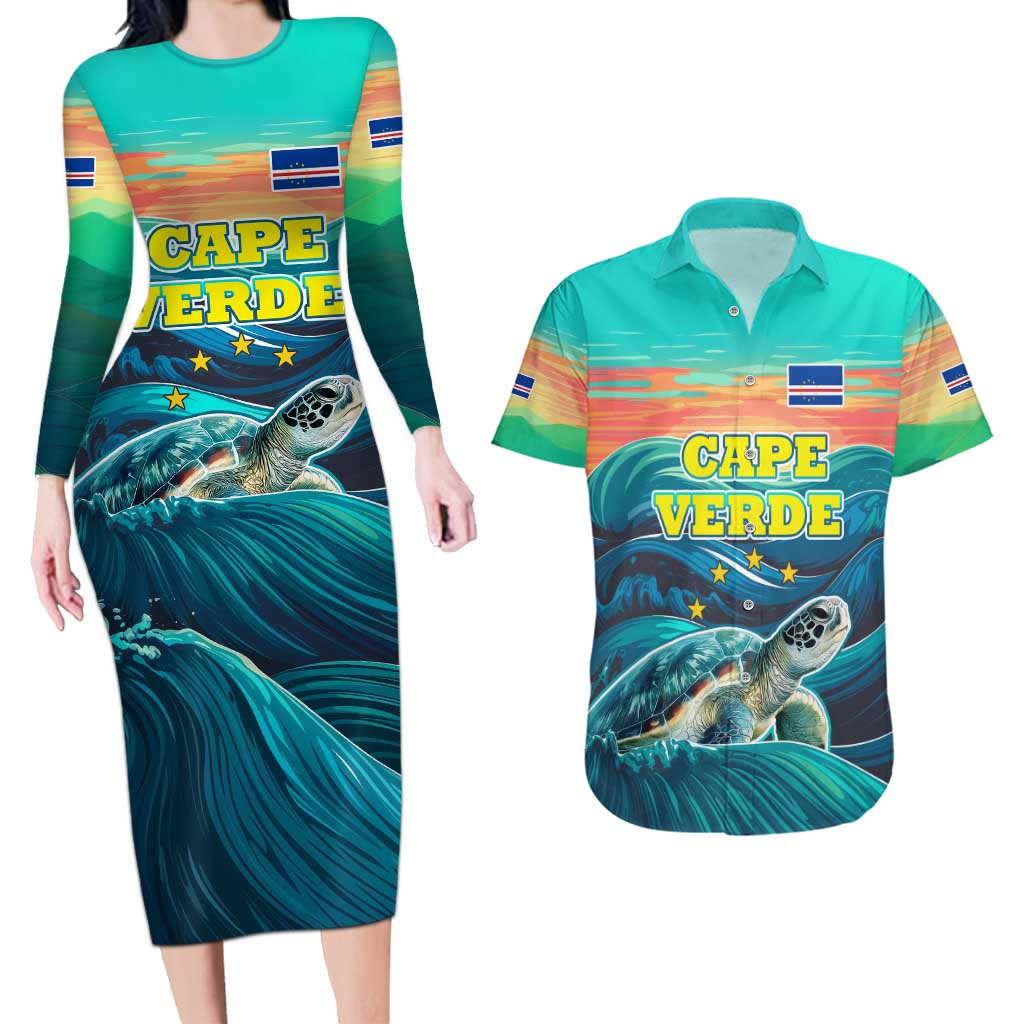 Cape Verde Couples Matching Long Sleeve Bodycon Dress and Hawaiian Shirt with Loggerhead Sea Turtle Ocean Sunset Spirit