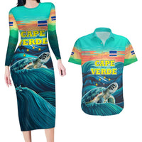 Cape Verde Couples Matching Long Sleeve Bodycon Dress and Hawaiian Shirt with Loggerhead Sea Turtle Ocean Sunset Spirit