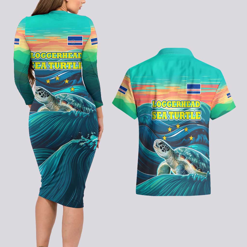 Cape Verde Couples Matching Long Sleeve Bodycon Dress and Hawaiian Shirt with Loggerhead Sea Turtle Ocean Sunset Spirit