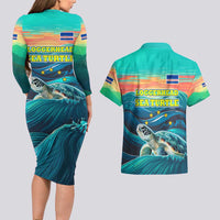 Cape Verde Couples Matching Long Sleeve Bodycon Dress and Hawaiian Shirt with Loggerhead Sea Turtle Ocean Sunset Spirit