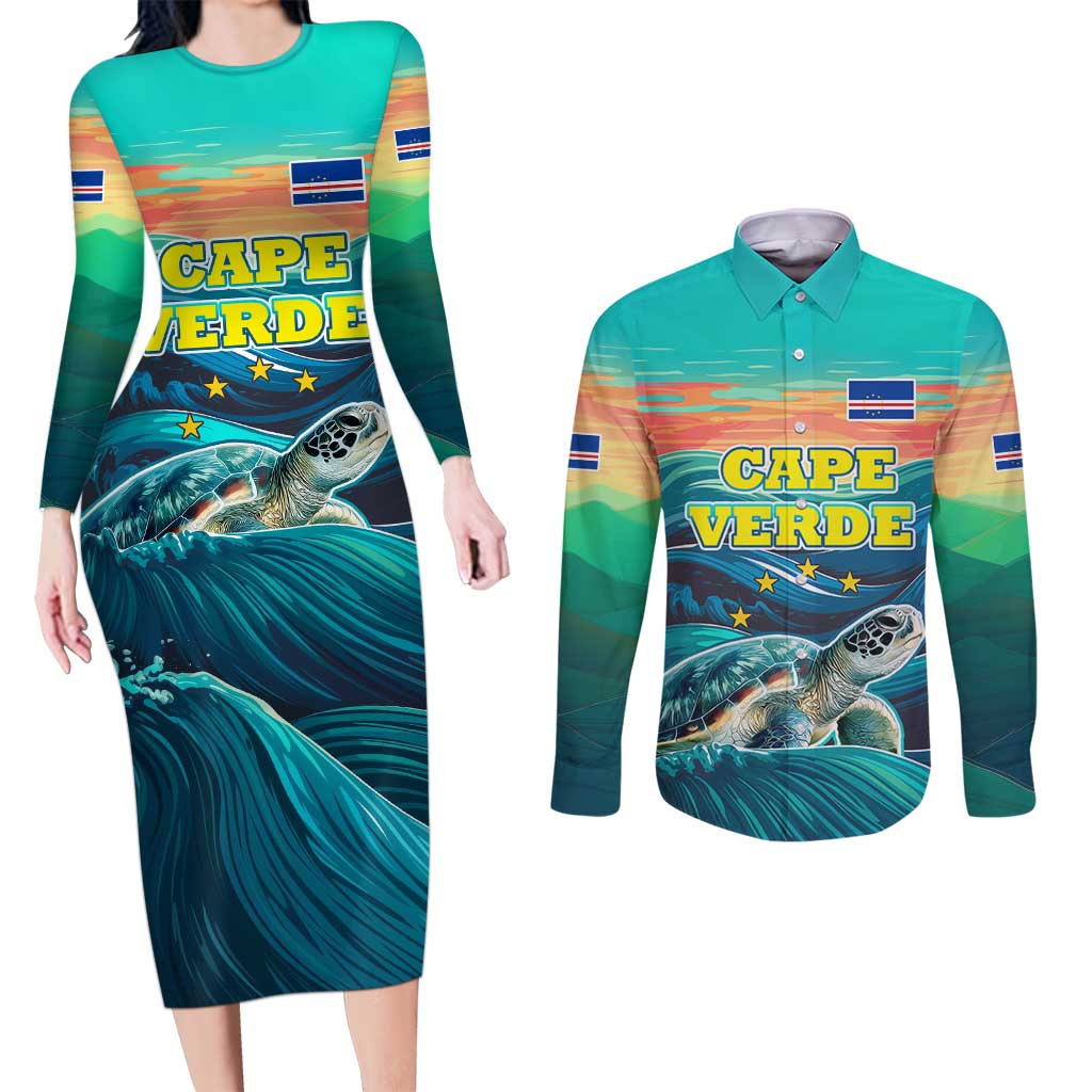 Cape Verde Couples Matching Long Sleeve Bodycon Dress and Long Sleeve Button Shirt with Loggerhead Sea Turtle Ocean Sunset Spirit