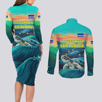 Cape Verde Couples Matching Long Sleeve Bodycon Dress and Long Sleeve Button Shirt with Loggerhead Sea Turtle Ocean Sunset Spirit