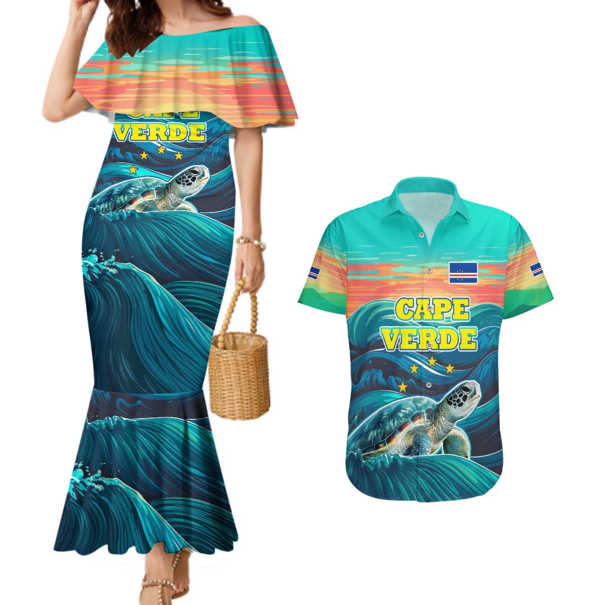 Cape Verde Couples Matching Mermaid Dress and Hawaiian Shirt with Loggerhead Sea Turtle Ocean Sunset Spirit