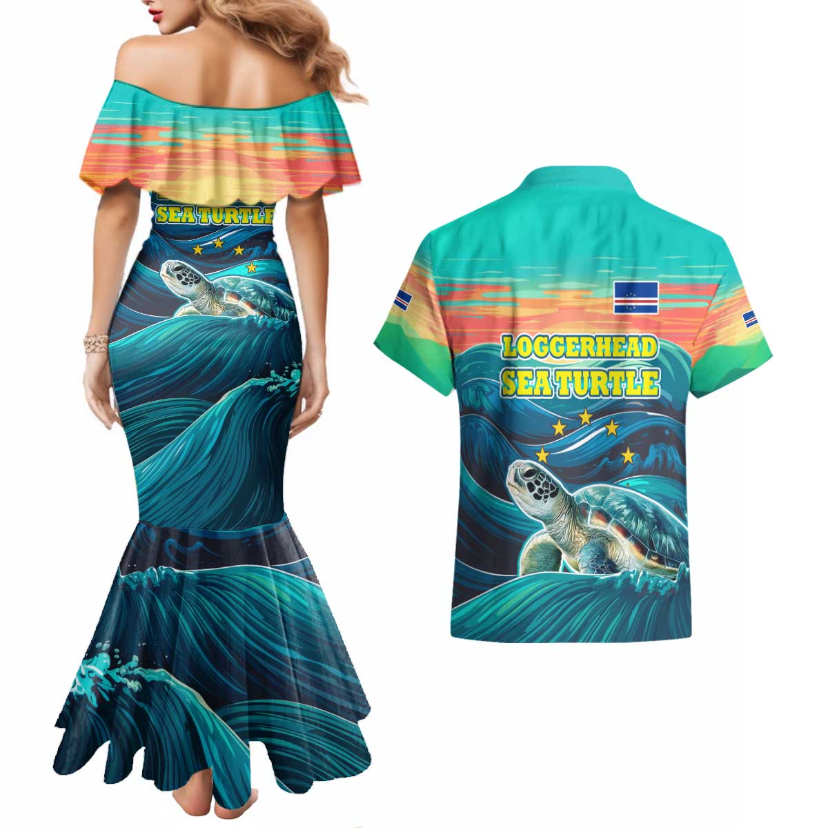 Cape Verde Couples Matching Mermaid Dress and Hawaiian Shirt with Loggerhead Sea Turtle Ocean Sunset Spirit