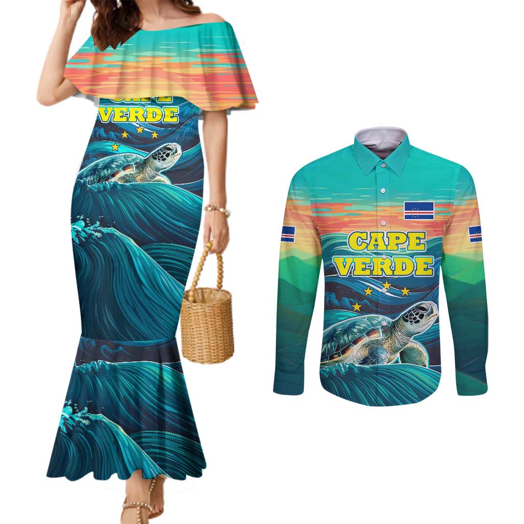 Cape Verde Couples Matching Mermaid Dress and Long Sleeve Button Shirt with Loggerhead Sea Turtle Ocean Sunset Spirit