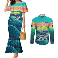 Cape Verde Couples Matching Mermaid Dress and Long Sleeve Button Shirt with Loggerhead Sea Turtle Ocean Sunset Spirit
