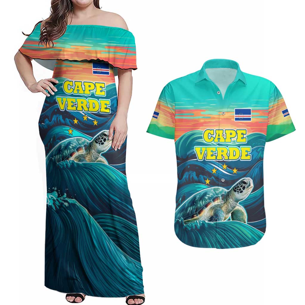 Cape Verde Couples Matching Off Shoulder Maxi Dress and Hawaiian Shirt with Loggerhead Sea Turtle Ocean Sunset Spirit