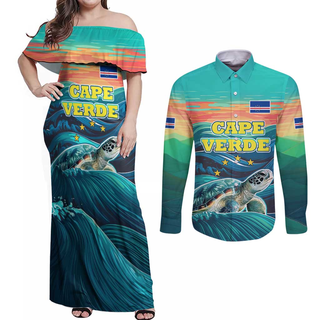 Cape Verde Couples Matching Off Shoulder Maxi Dress and Long Sleeve Button Shirt with Loggerhead Sea Turtle Ocean Sunset Spirit
