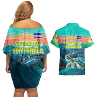 Cape Verde Couples Matching Off Shoulder Short Dress and Hawaiian Shirt with Loggerhead Sea Turtle Ocean Sunset Spirit
